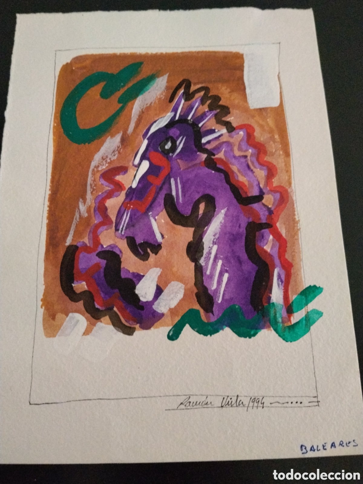 Arte: Acuarela dibujo moderno firmado Ram&oacute;n V&uacute;la 1994 &ndash; Baleares &ndash; obra original 19x13 cm