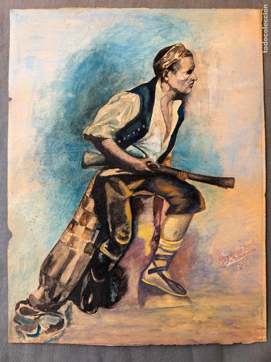 Arte: M. Herreros acuarela con motivo de bandolero , firmada y fechada en 1905 ,