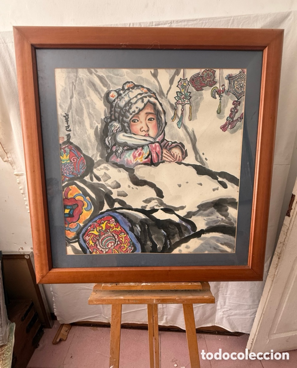 Arte: Liu Wenxi acuarela pintada sobre papel 64x64 cm obra china firmada.