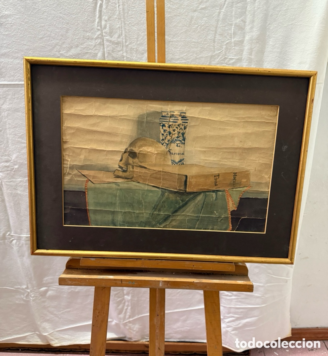 Arte: Josep pla.Naturaleza muerta antigua calavera libro y jarr&oacute;n l&aacute;mina enmarcada estilo cl&aacute;sico.acuarela