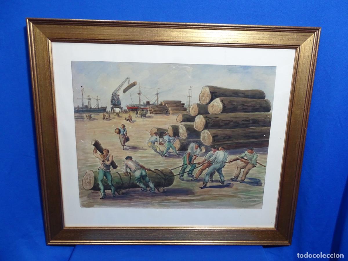 Arte: GRAN ACUARELA JOSEP RIGOL I FORNAGUERA., PINTOR TERRASSA. DOMINIO MOVIMIENTO. PORT BARCELONA 1935.