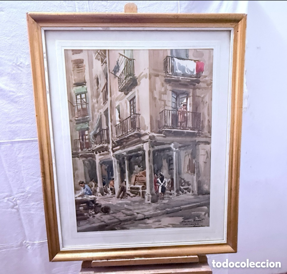 Kunst: Mariano Brunet acuarela firmada Calle Consulado Barcelona escena urbana.