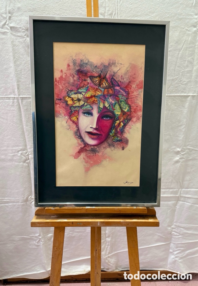 Kunst: Joan Copons 1942 acuarela surrealista rostro femenino mariposas firmada gran formato. (50X30 cm).