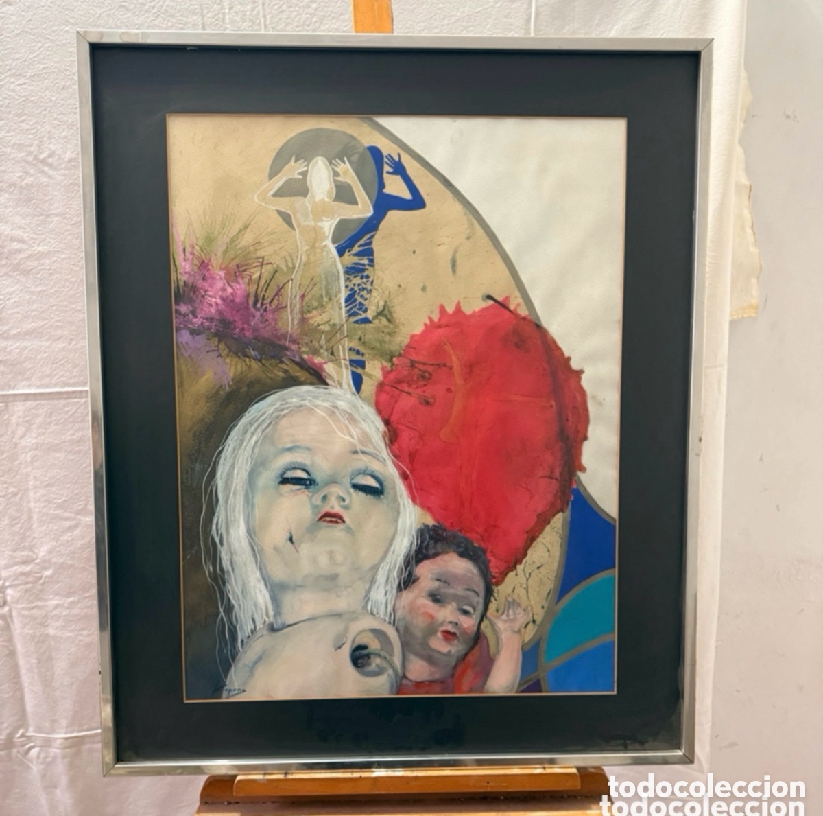 Kunst: Joan Copons 1942 acuarela surrealista figuras composici&oacute;n simb&oacute;lica firmada.