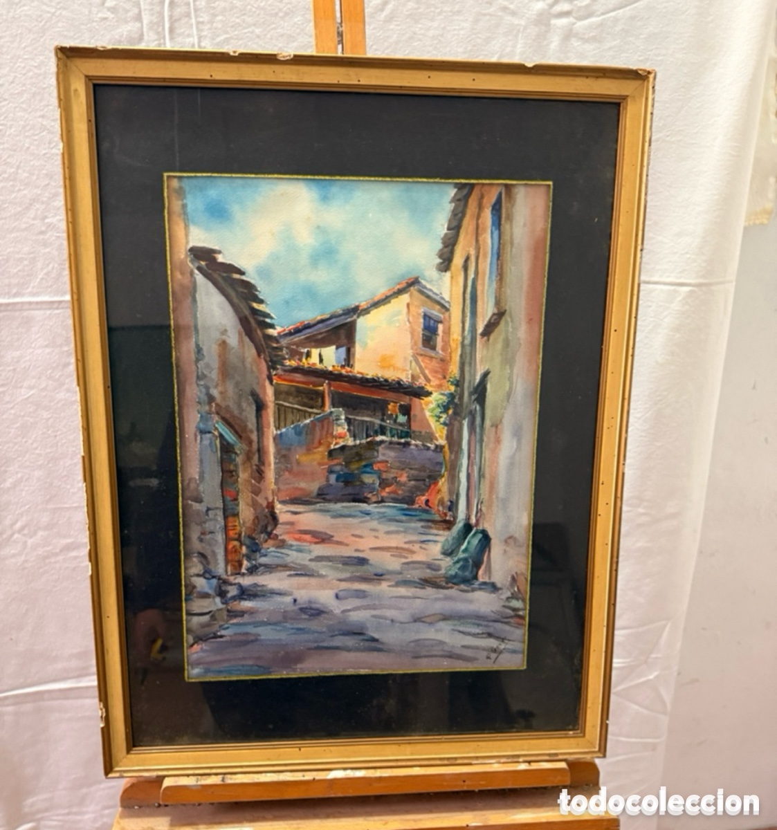 Kunst: Pere Gorro Costa acuarela pintada a mano firmada calle pueblo enmarcada escuela catalana.