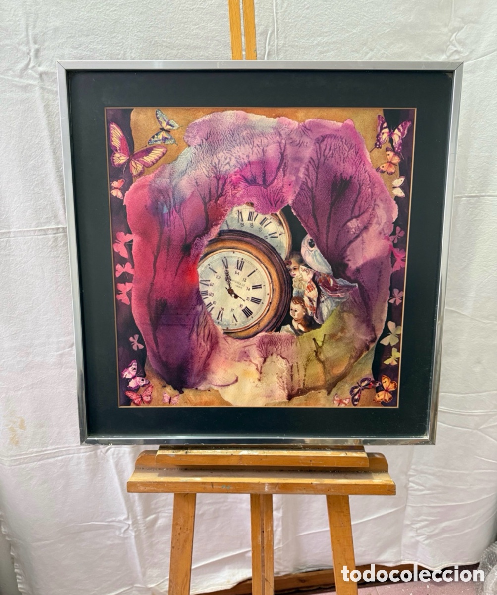Kunst: Joan Copons 1942 acuarela surrealista reloj mariposas composici&oacute;n simb&oacute;lica