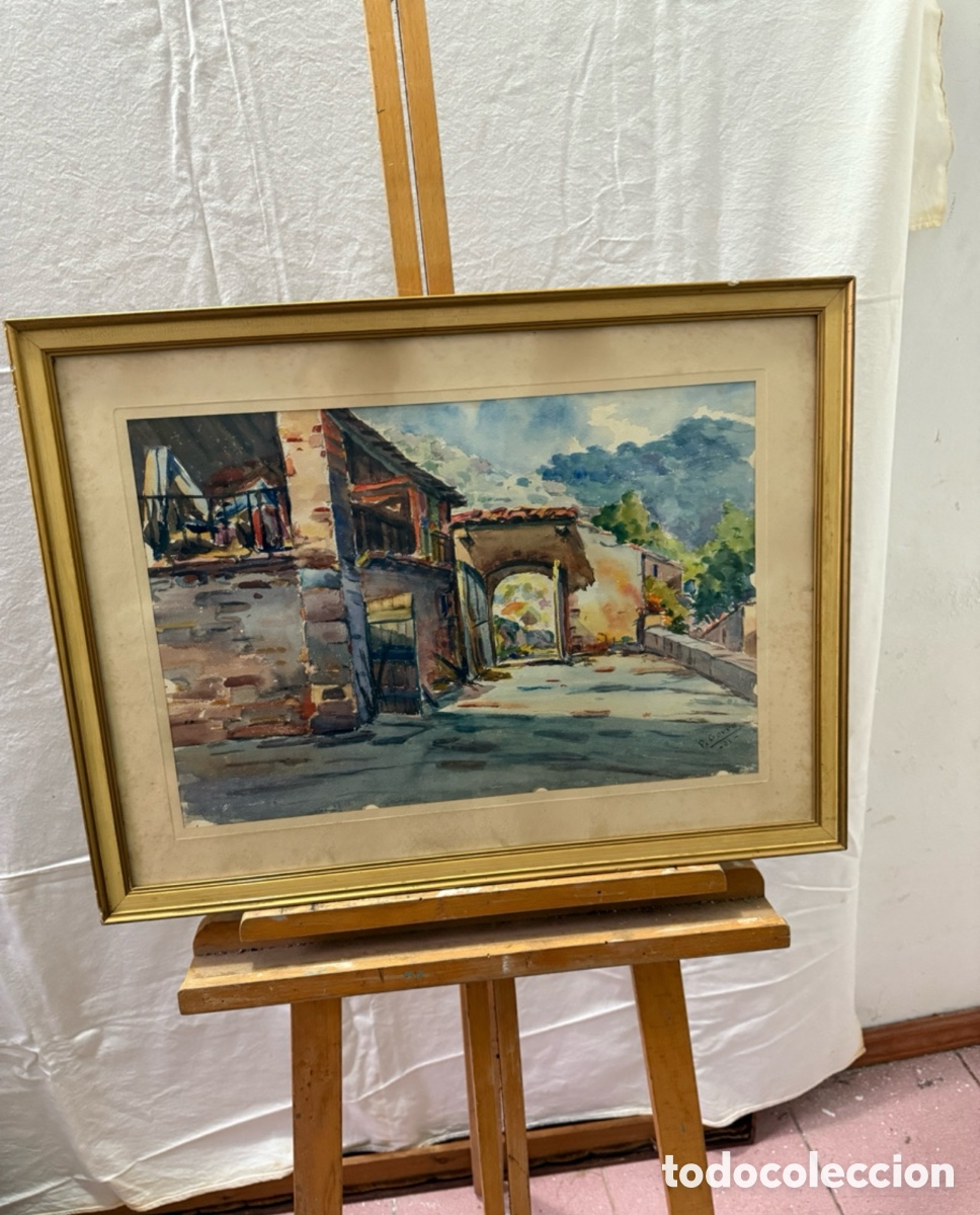 Kunst: Pere Gorro Costa acuarela pintada a mano firmada escena urbana con arco escuela catalana.