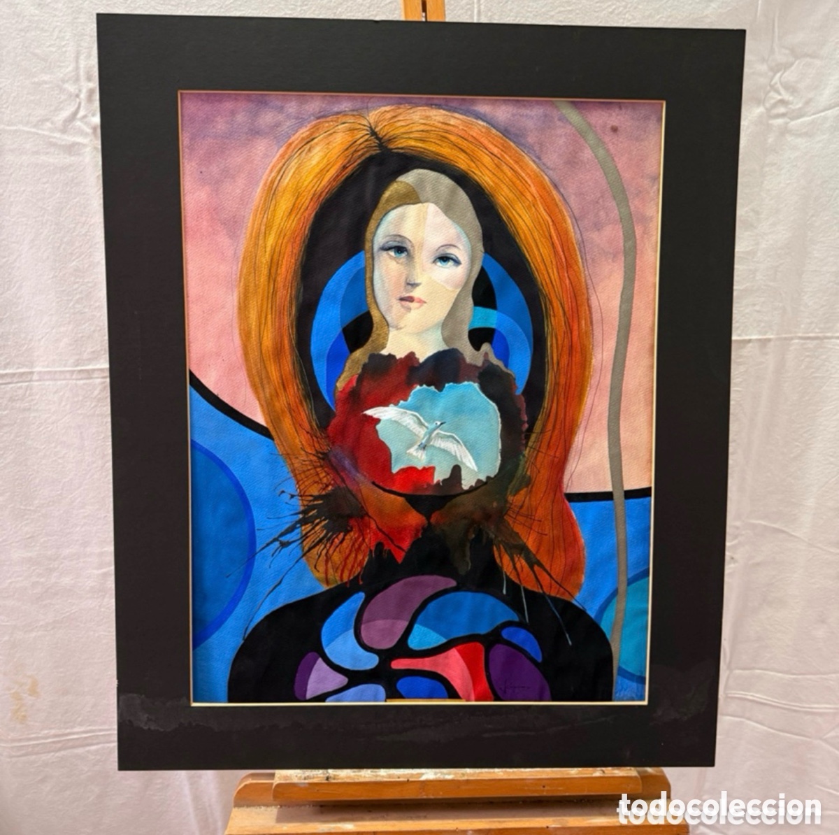 Kunst: Joan Copons 1942 acuarela surrealista retrato femenino simb&oacute;lico firmada gran formato (62&times;50 cm).