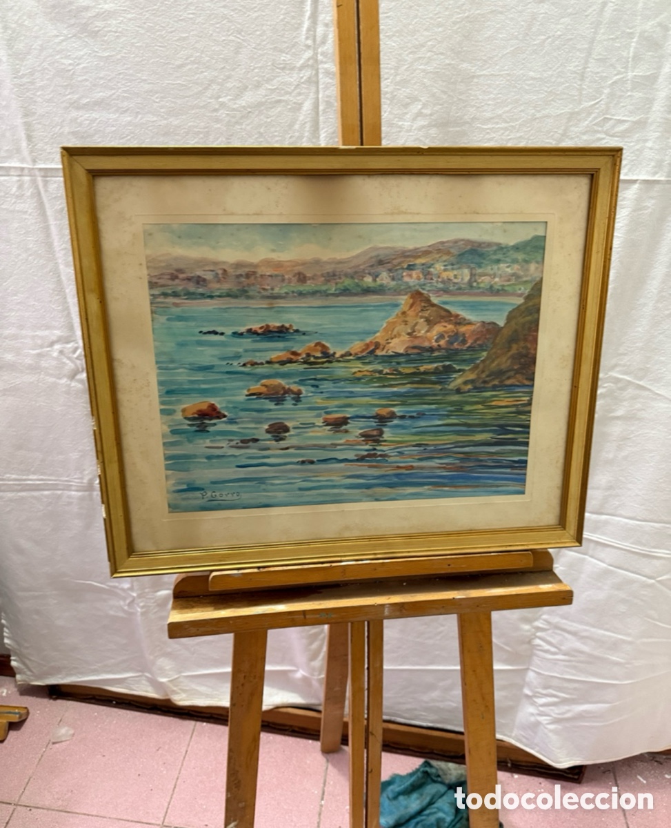 Kunst: Pere Gorro Costa acuarela pintada a mano firmada paisaje marino con rocas escuela catalana.