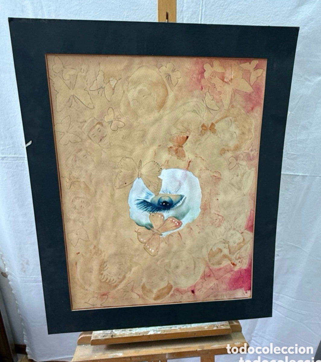 Kunst: Joan Copons 1942 acuarela surrealista ojo mariposas firmada gran formato