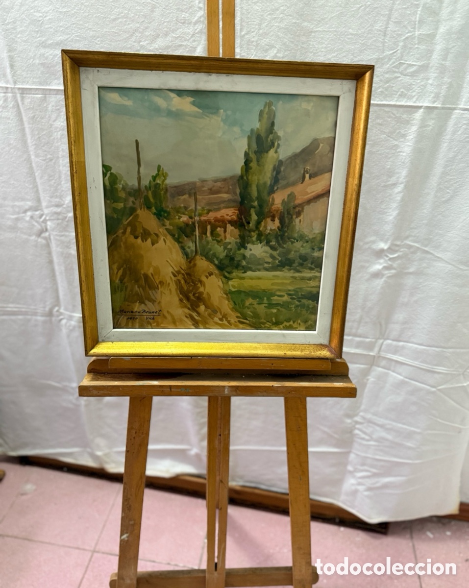 Kunst: Mariano Brunet acuarela firmada paisaje urbano Vic Barcelona.