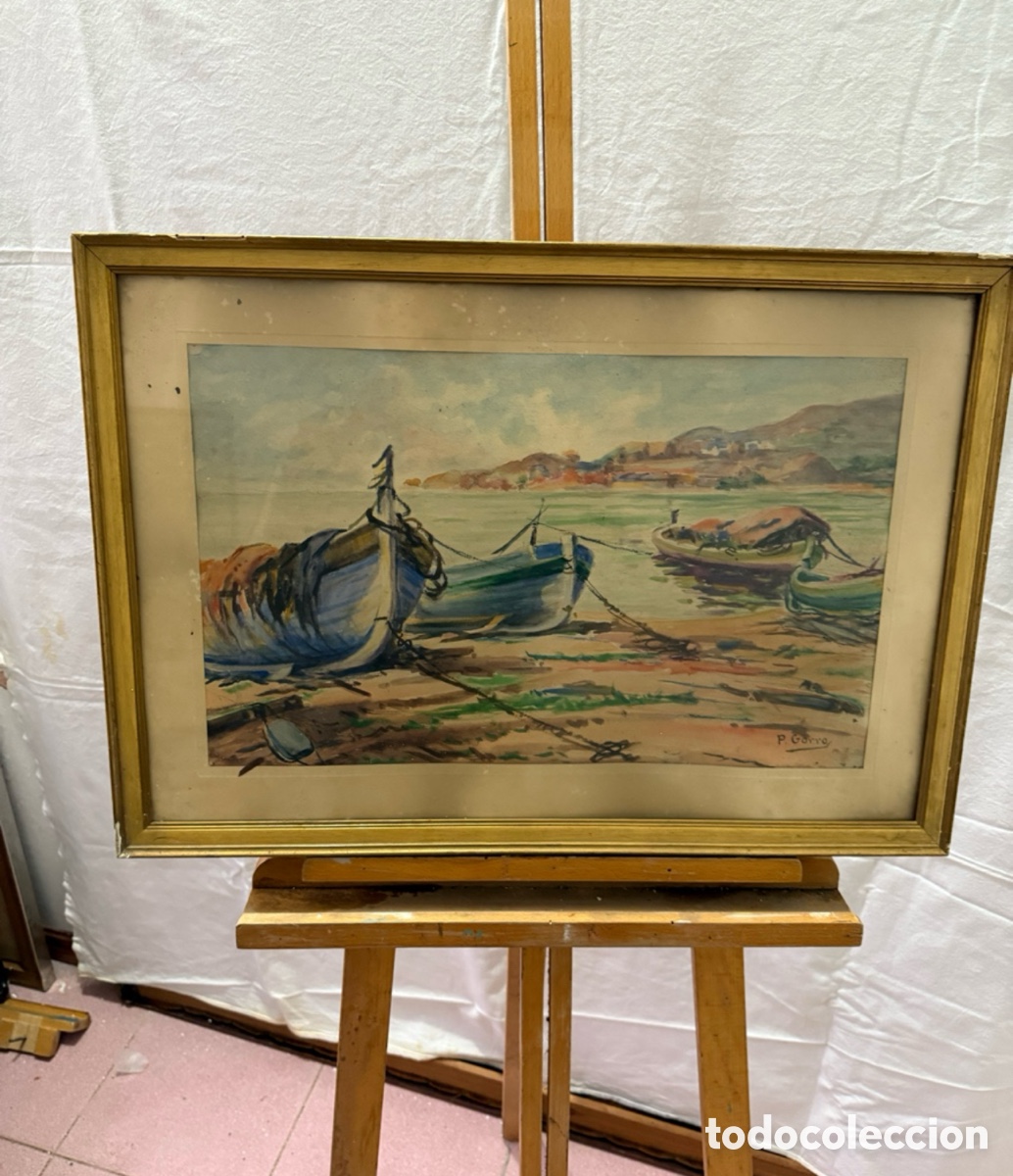 Kunst: Pere Gorro Costa acuarela pintada a mano firmada barcas varadas en la playa escuela catalana/