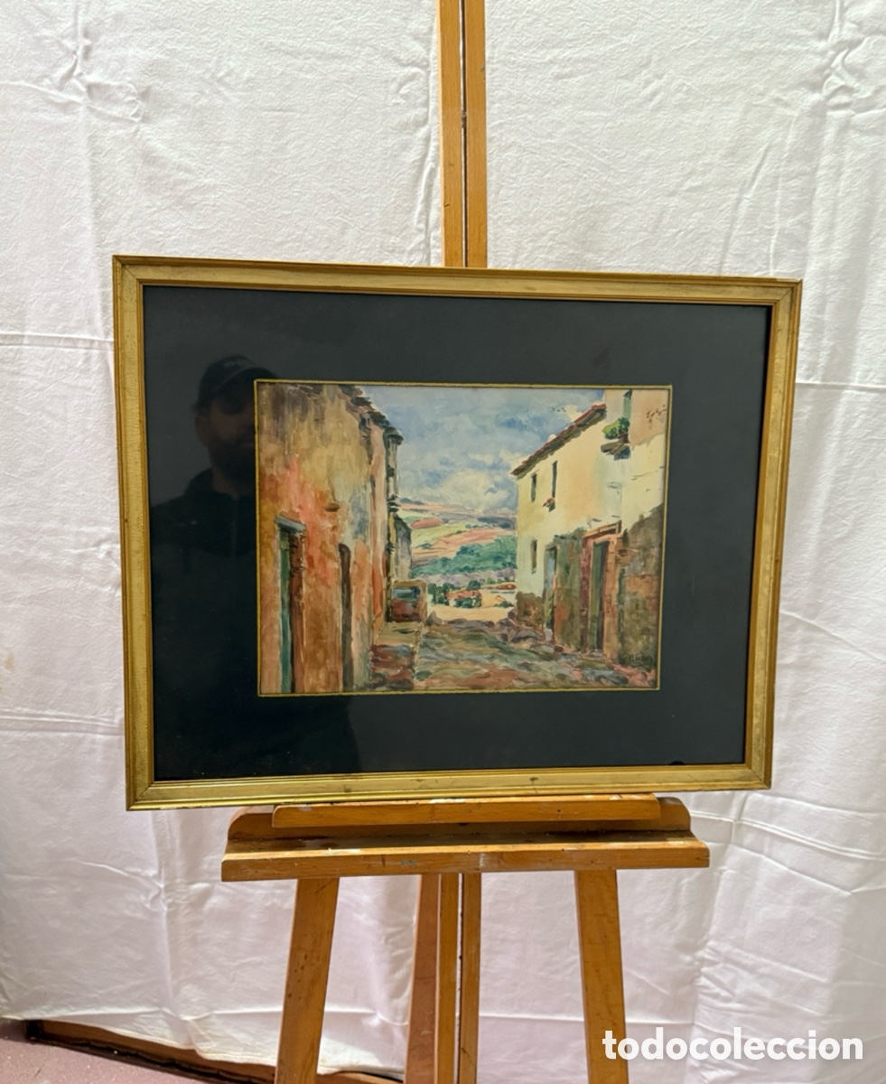 Kunst: Pere Gorro Costa acuarela pintada a mano firmada calle de pueblo con paisaje escuela catalana.