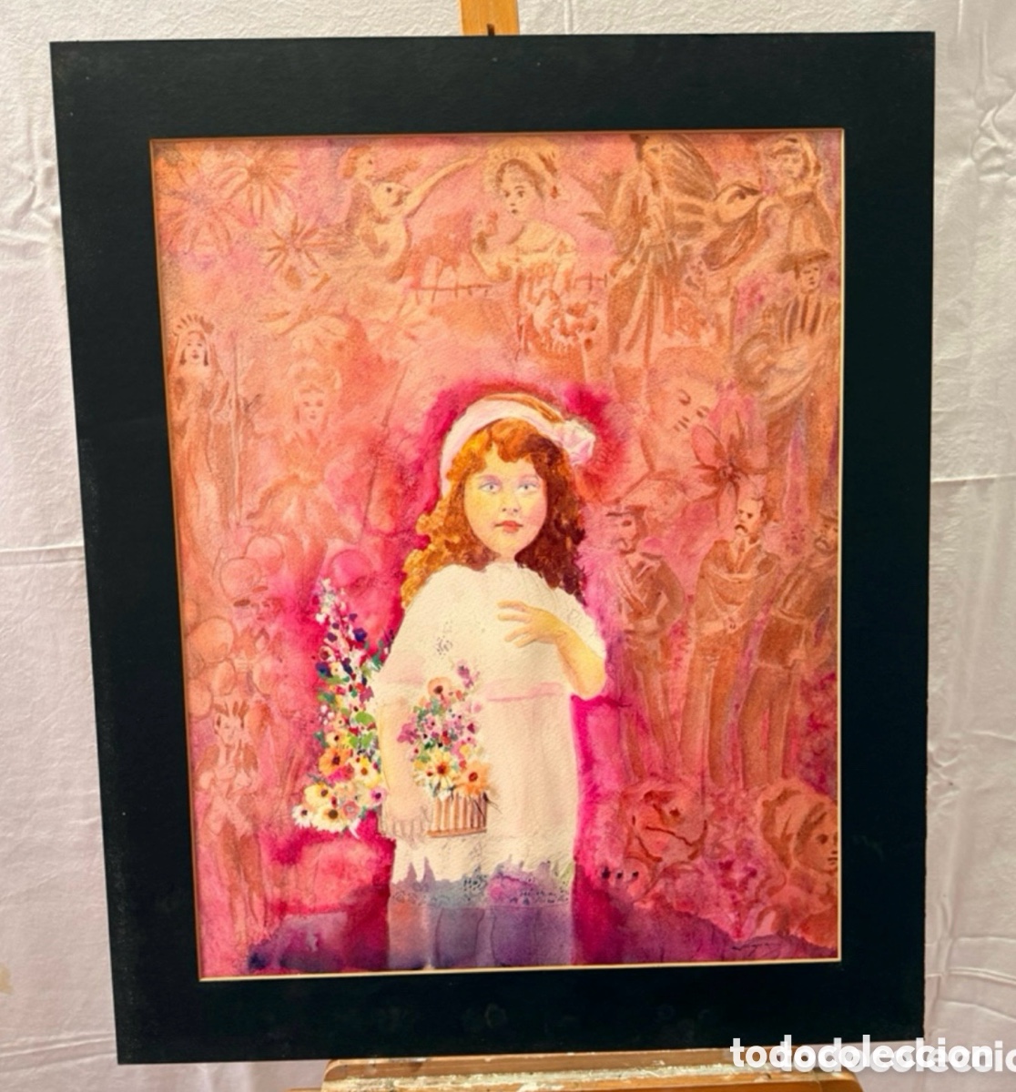 Kunst: Joan Copons 1942 acuarela surrealista figura femenina ni&ntilde;a flores firmada. (64x50)