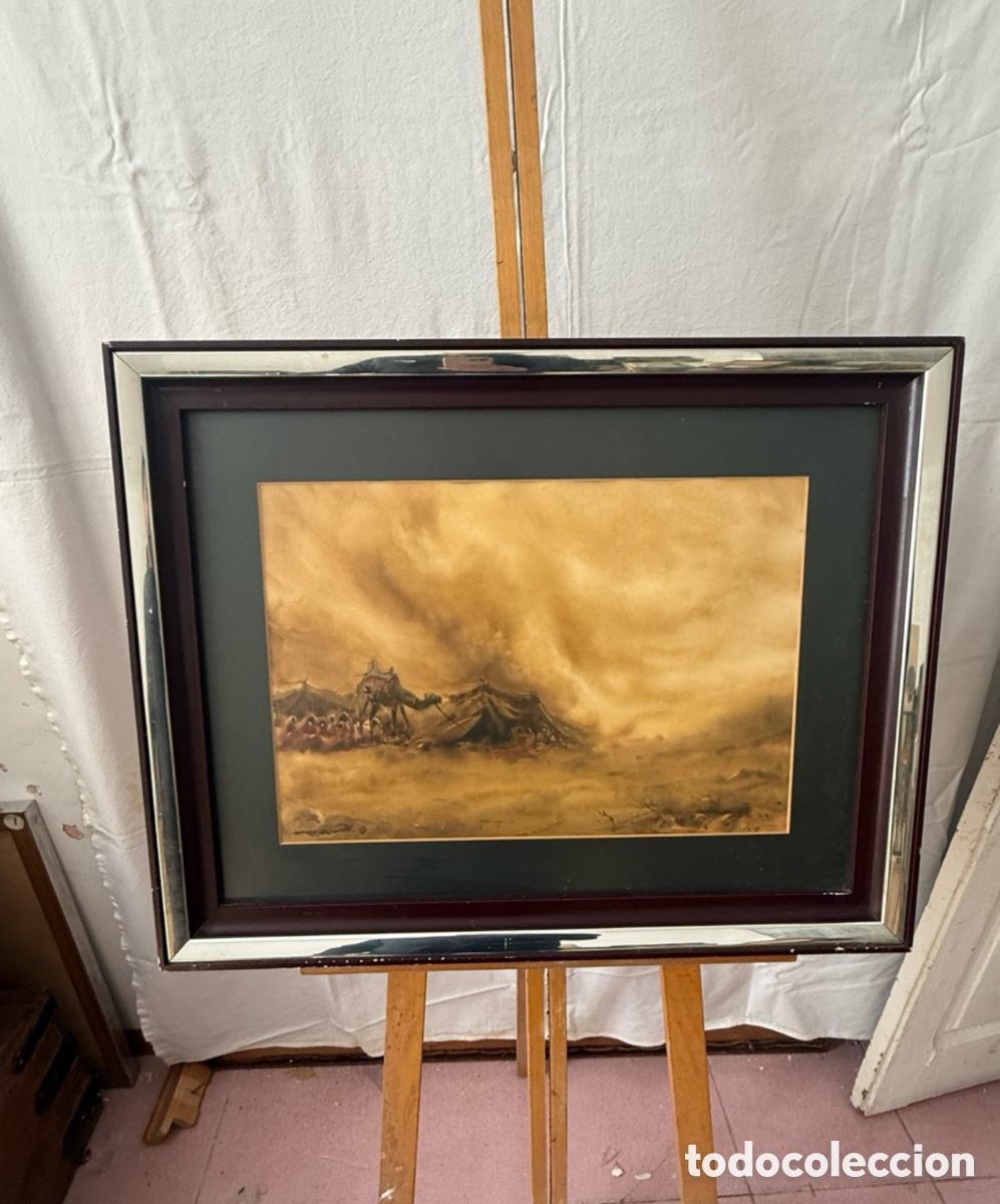 Kunst: Acuarela Enrique G&oacute;mez Sacanelles escena orientalista con camello firmada (50X34cm).