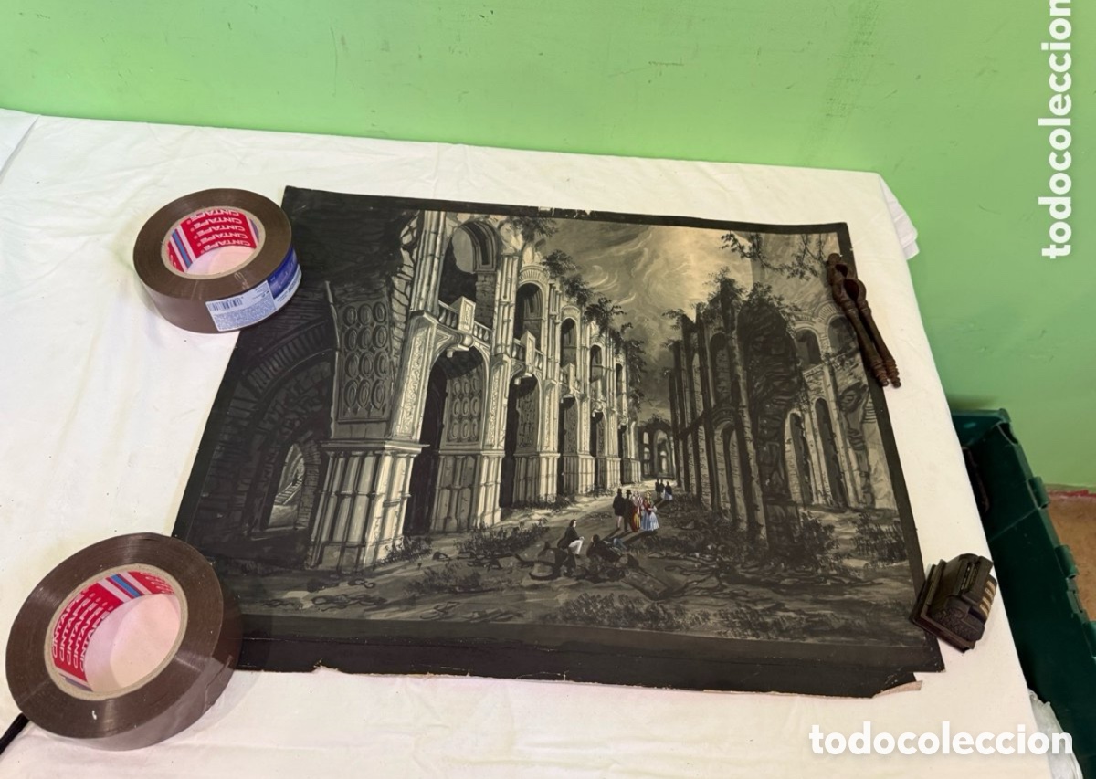 Arte: Acuarela escenogr&aacute;fica Palacio Viliam Inglaterra boceto teatral siglo XX 57x47 cm