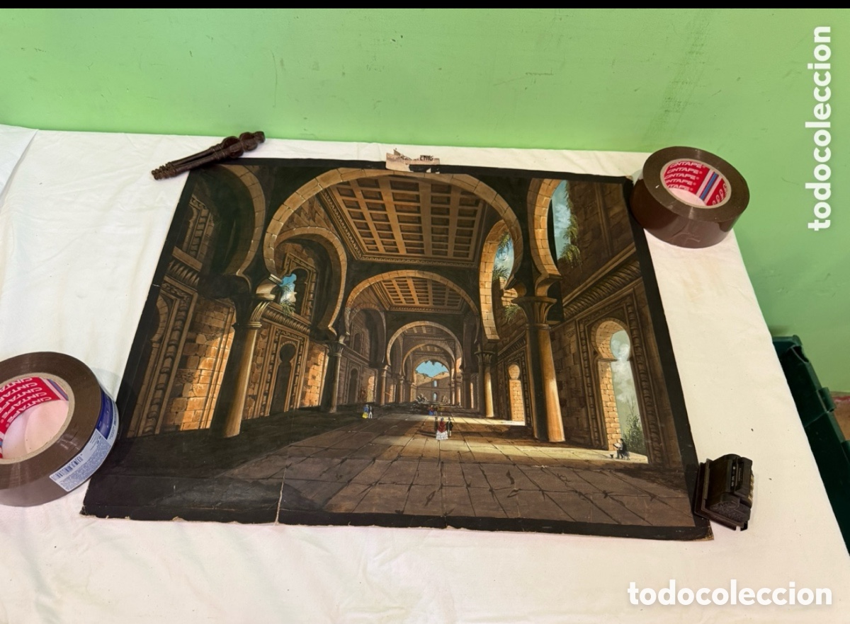 Arte: Acuarela escenogr&aacute;fica teatral interior arquitect&oacute;nico cl&aacute;sico 57x47 cm.