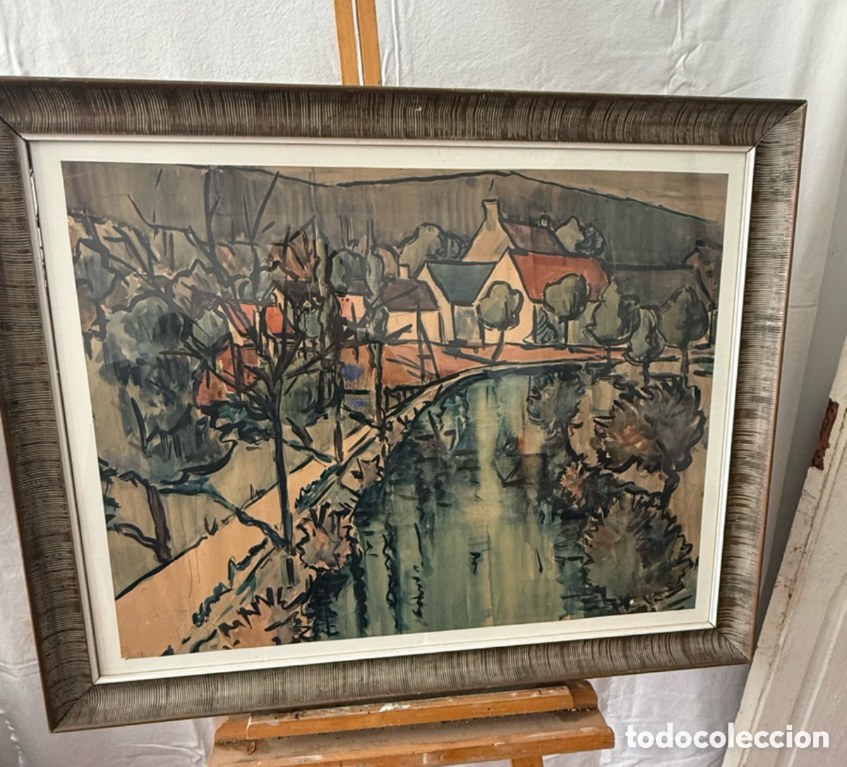 Arte: Paisaje fluvial expresi&oacute;n moderna obra sobre papel firmado bajo cristal (70X56cm).