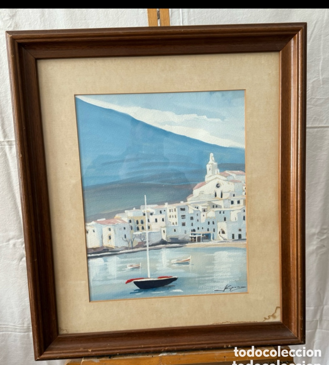 Art: Joan Copons paisaje marinero &oacute;leo sobre papel enmarcado (60x54 cm).