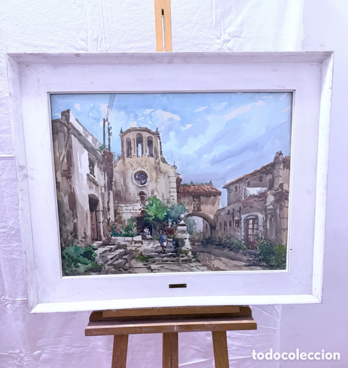 Art: Acuarela firmada Mariano Brunet 1972 vista urbana Tarragona Santa Eulalia