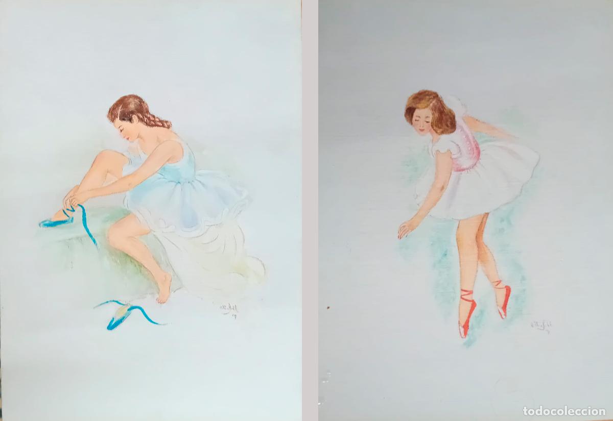 Art: dibujo acuarela de bailarina enmarcado a&ntilde;os 50 - 2 dibujos - tama&ntilde;o DIN a4