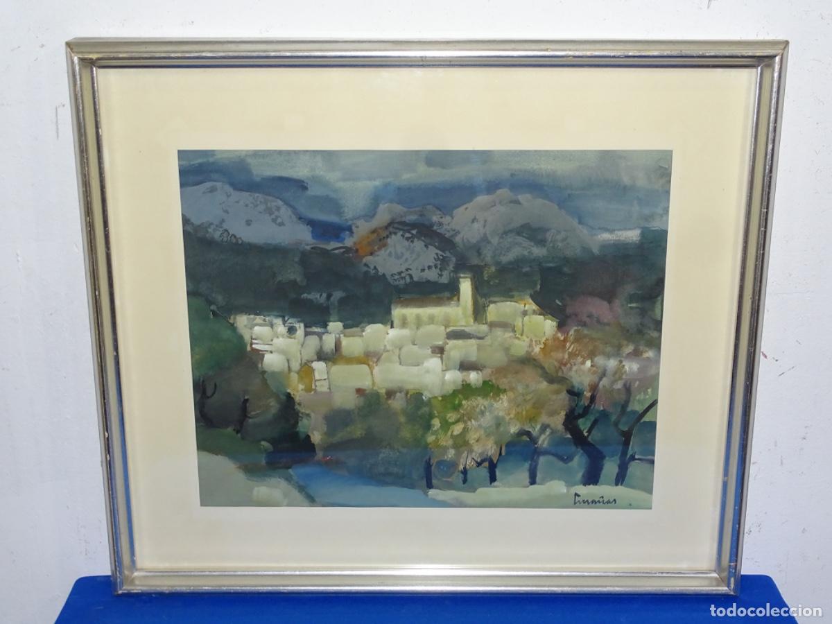 Arte: ACUARELA JOSEP CRUA&Ntilde;AS. PUEBLO POR DETERMINAR. D&Iacute;A NUBLADO.