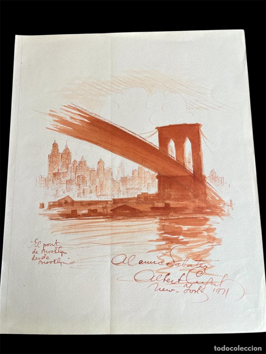 Arte: ACUARELA DE ALBERT CUGAT EL PUENTE DE BROOKLYN DEDICADO A ENRIC SABATER SECRETARIO DE DALI 1971.