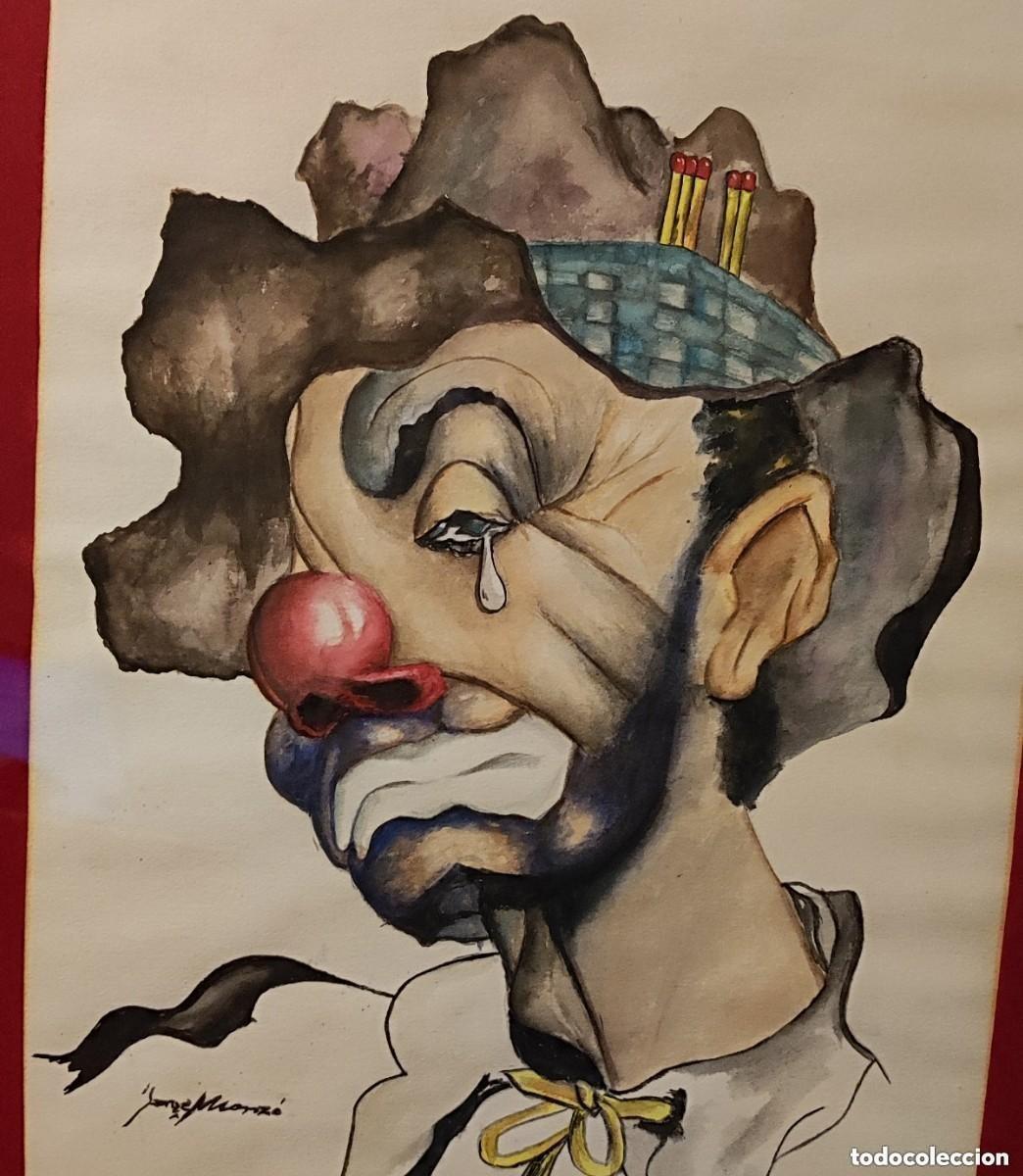 Arte: Bonito cuadro payaso triste acuarela firmado por Jorge Monzo a&ntilde;o 1973 Sad Clown