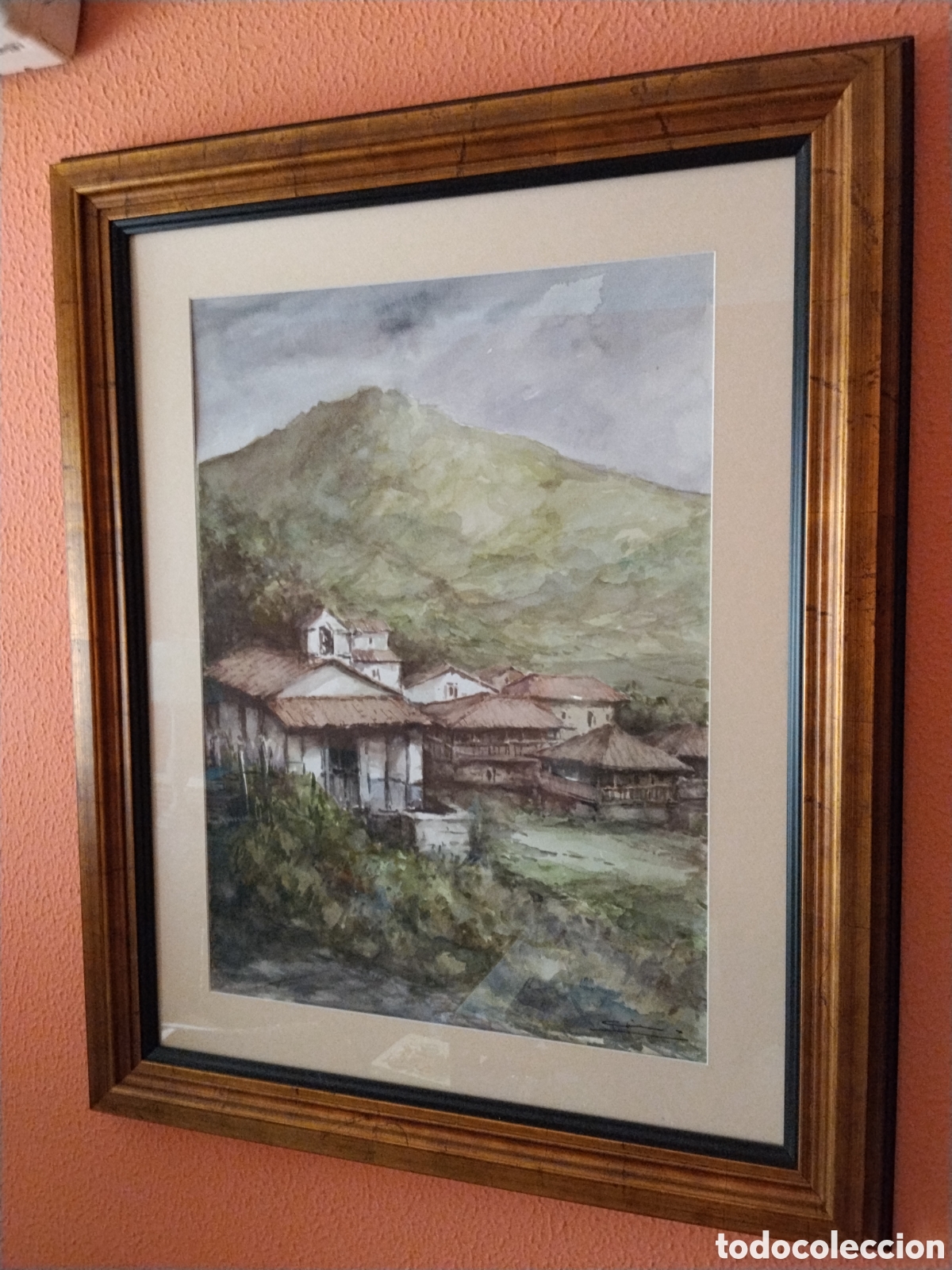 Arte: Acuarela paisaje asturiano firmada &ndash; escena rural con caser&iacute;os &ndash; enmarcada