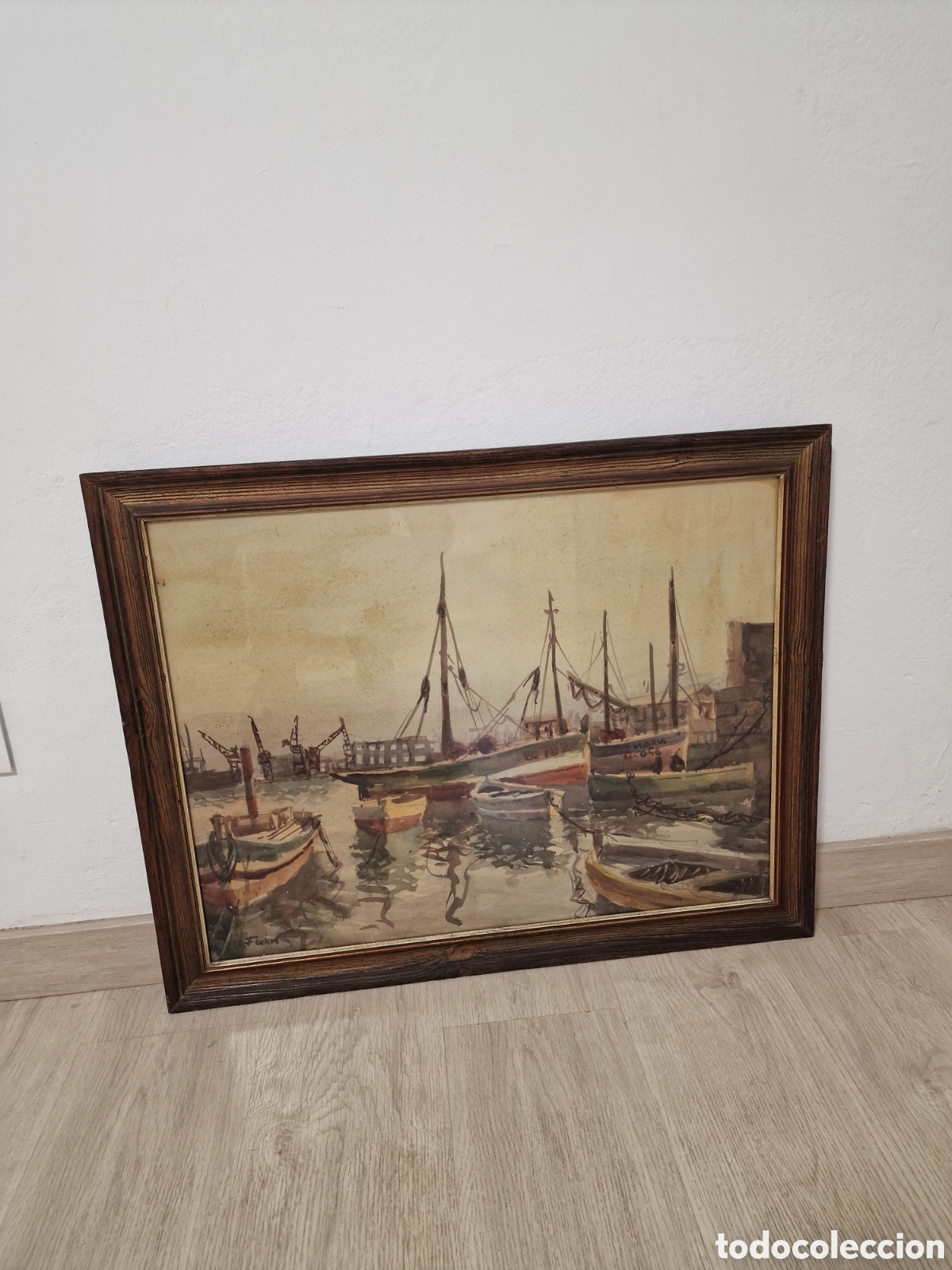 Arte: Antiguo Cuadro &rdquo;Muelle Pescadores Barcelona&rdquo; - Firmado FUKA - Marco con Cristal - 73x58