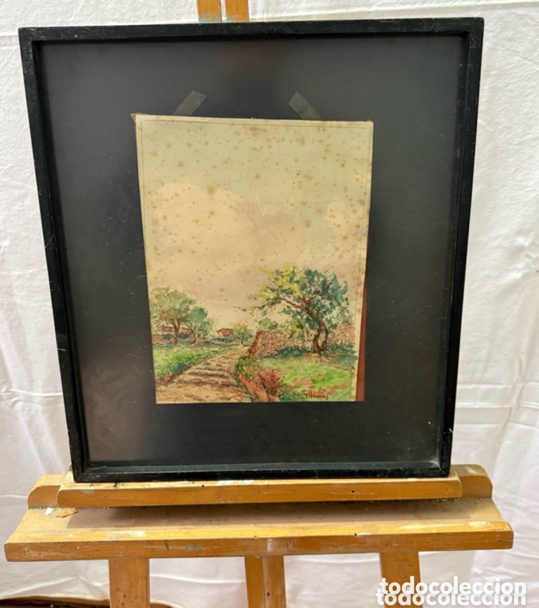 Arte: Acuarela paisaje rural firmada Castellanos. Escuela espa&ntilde;ola siglo XX