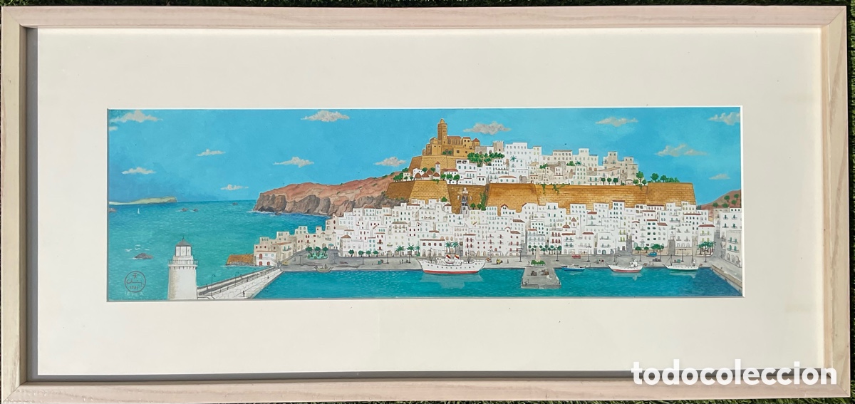 Arte: Jos&eacute; Mar&iacute;a &ldquo;Chemmy&rdquo; Cid de Diego &ndash; Vista de Ibiza, 1981 &ndash; Acuarela gouache naif firmado &ndash; Enmarcado