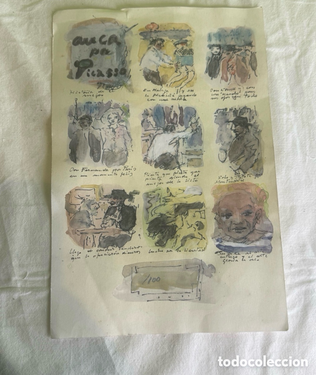 Art: Obra sobre papel pintada a mano acuarela y dibujo estilo Picasso composici&oacute;n figurativa moderna