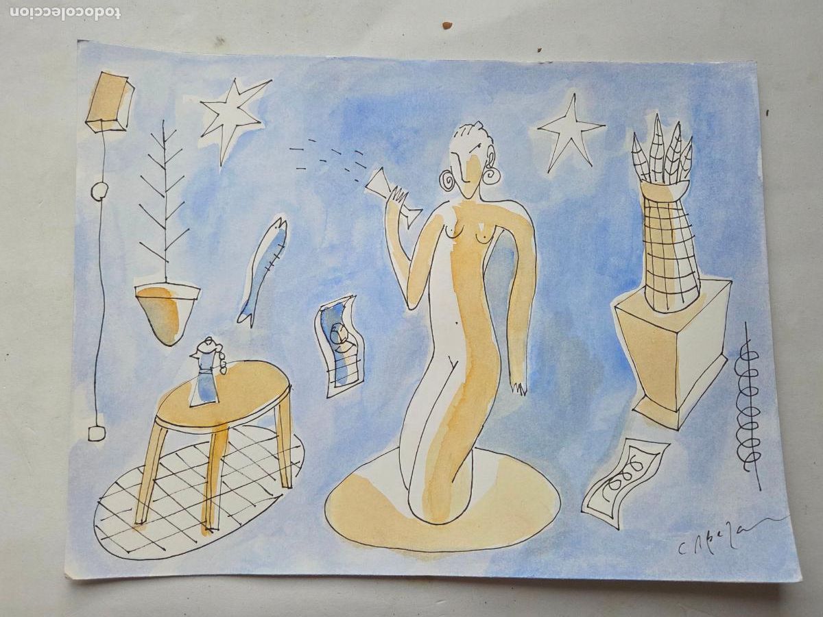 Art: JORGE CABEZAS TOME - A CORU&Ntilde;A - GALICIA- TECNICA MIXTA DIBUJO Y ACUARELA SOBRE CARTULINA ORIGINAL