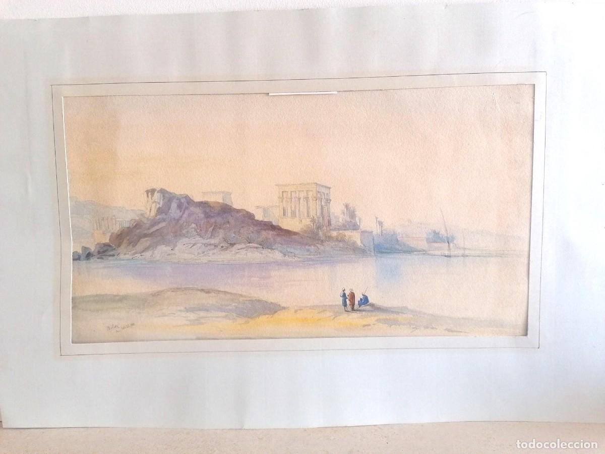 Arte: Acuarela orientalista antigua del a&ntilde;o 1880, Philae, Egipto.