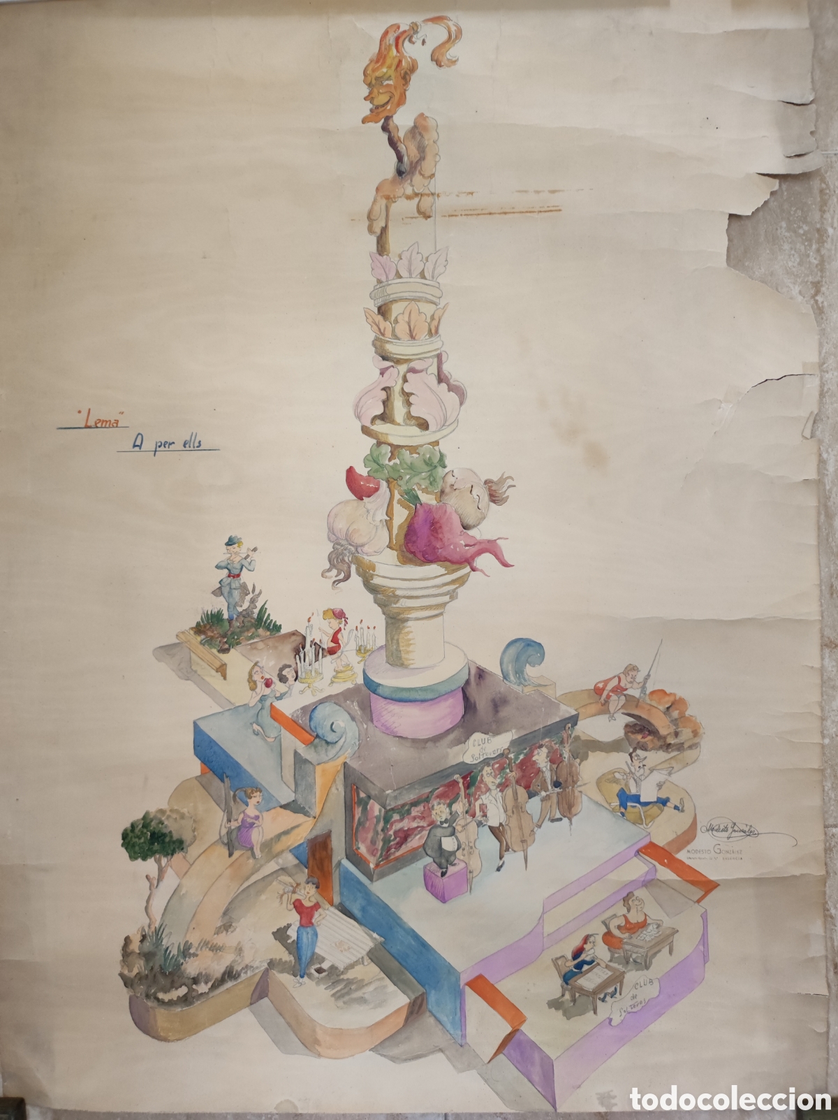 Arte: Boceto original Falla Valencia Modesto Gonzalez Latorre lema A per ells a&ntilde;os 50 acuarela