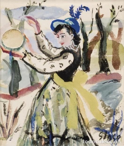 Arte: FRANCISCO SAN JOS&Eacute;. DAMA CON PANDERETA. ACUARELA SOBRE PAPEL. ENMARCADA