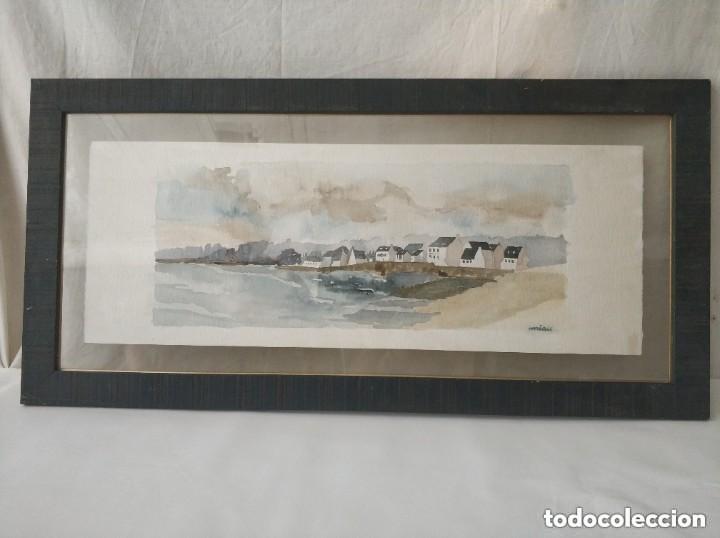 Arte: Bonita acuarela paisaje costero con firma mian