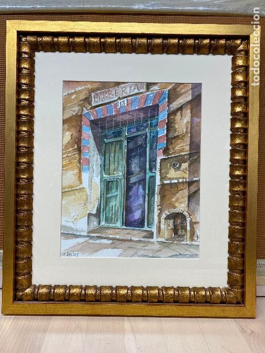 Arte: Acuarela firmada De Reales - Barberia en Murcia