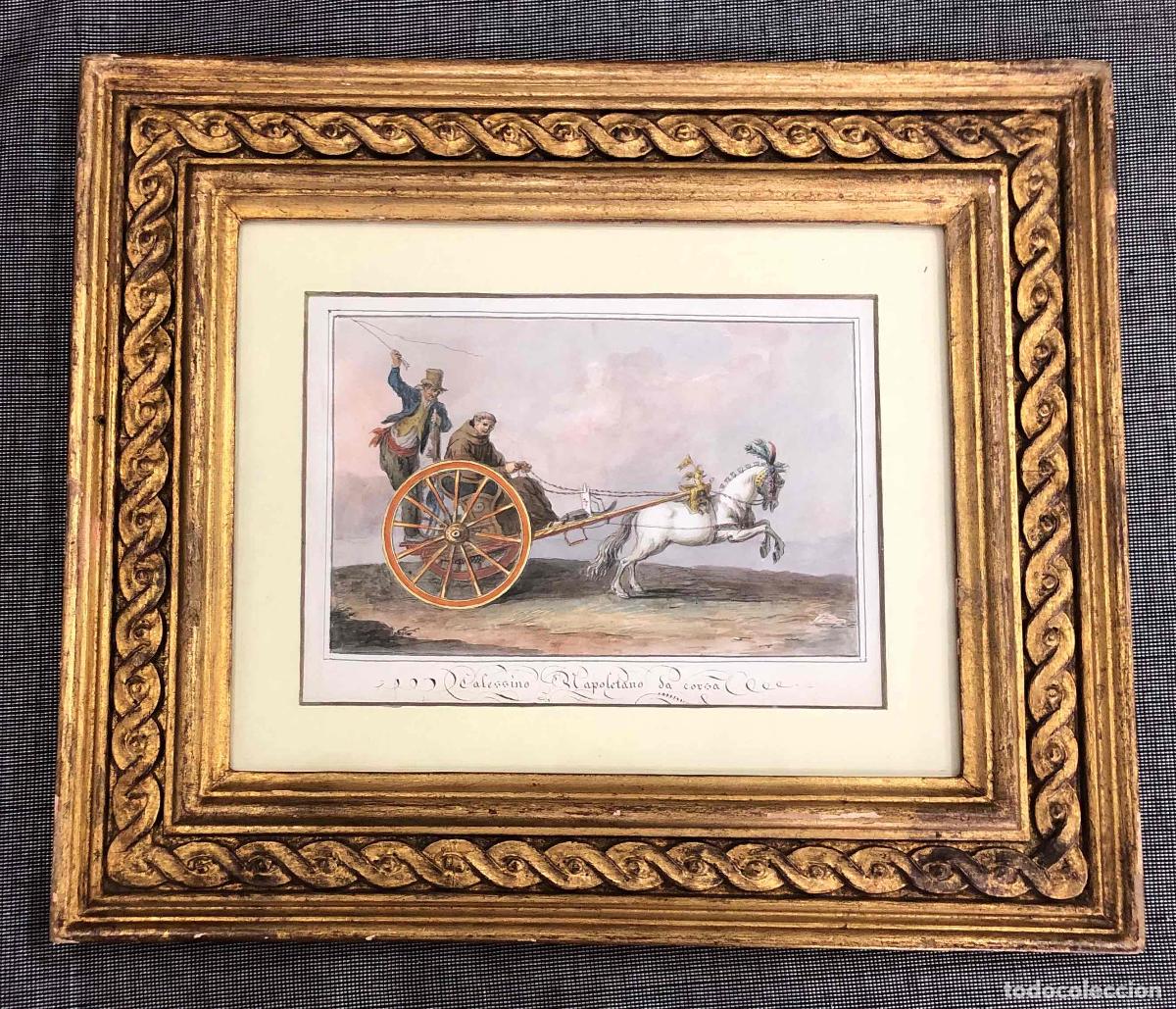 Arte: ACUARELA SOBRE LITOGRAFIA CALESSINO DI NAPOLI. Calesino napoletano da corsa. MULLER RUDOLF. C.1820