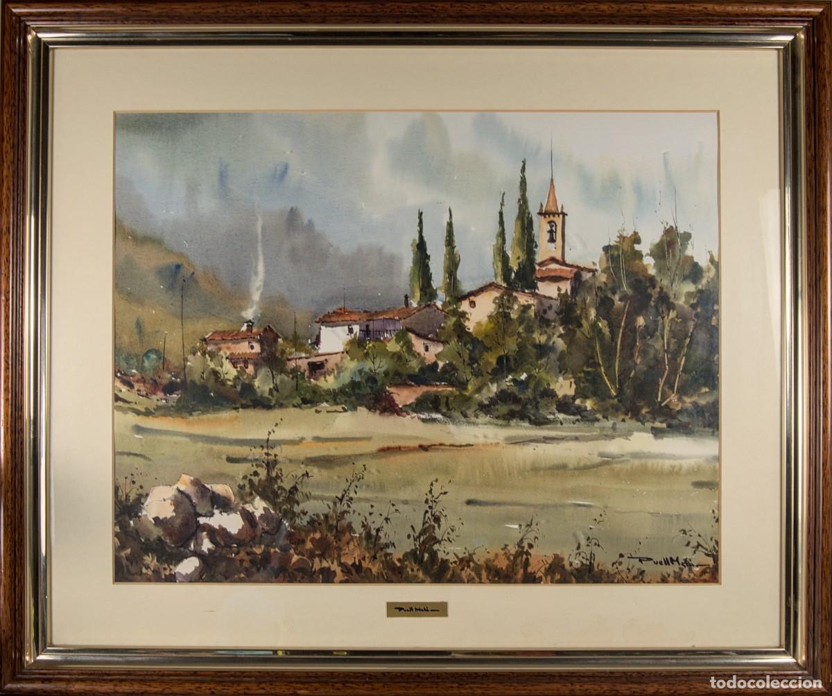 Arte: Acuarela Original Francesc Puell Mel&agrave; (1986) - Paisaje Rural con Iglesia - Gran Formato Enmarcado