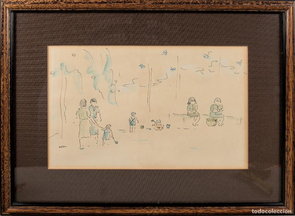 Arte: Dibujo Acuarelado Original - M. Pla (Pintor a INVESTIGAR) - Escena de Parque Mid-Century - 36x48 cm