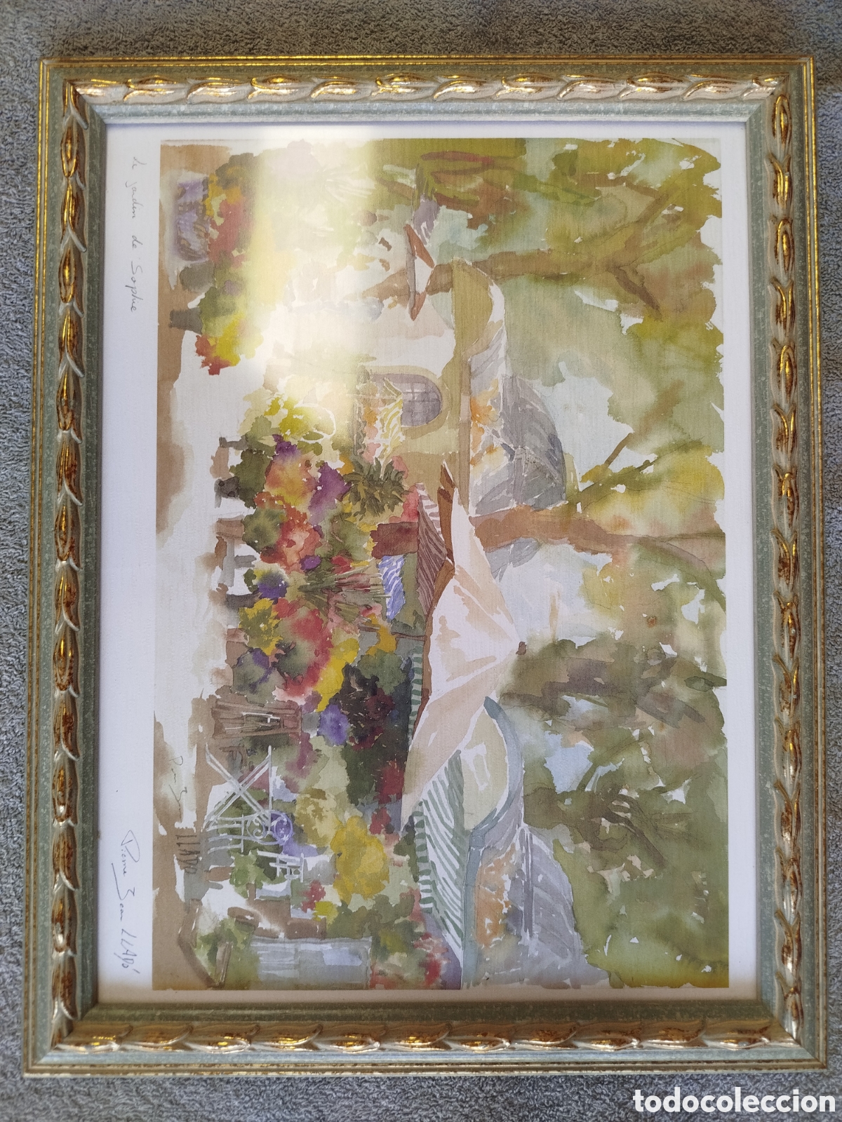 Arte: Cuadro con acuarela de Pierre Jean Llad&oacute;, escena &rdquo;Le jard&iacute;n de Shopie&rdquo;. Firmada por el pintor.