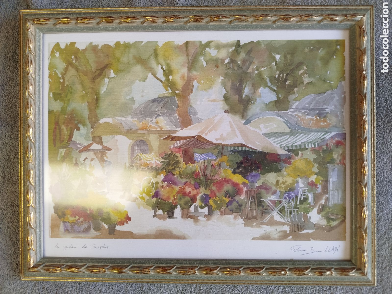 Arte: Cuadro con acuarela de Pierre Jean Llad&oacute;, escena &rdquo;Le jard&iacute;n de Shopie&rdquo;. Firmada por el pintor.