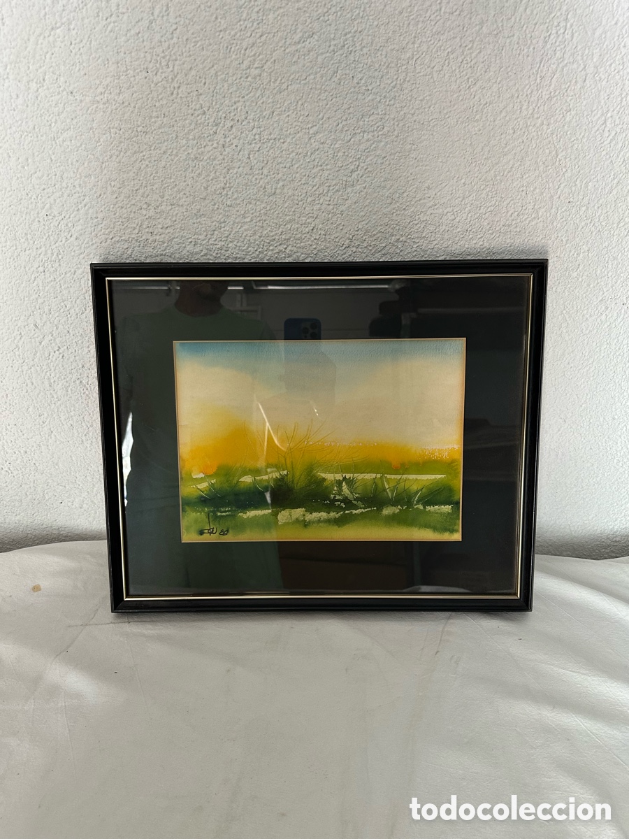 Arte: Acuarela abstracta paisaje contempor&aacute;neo firmada enmarcada bajo cristal