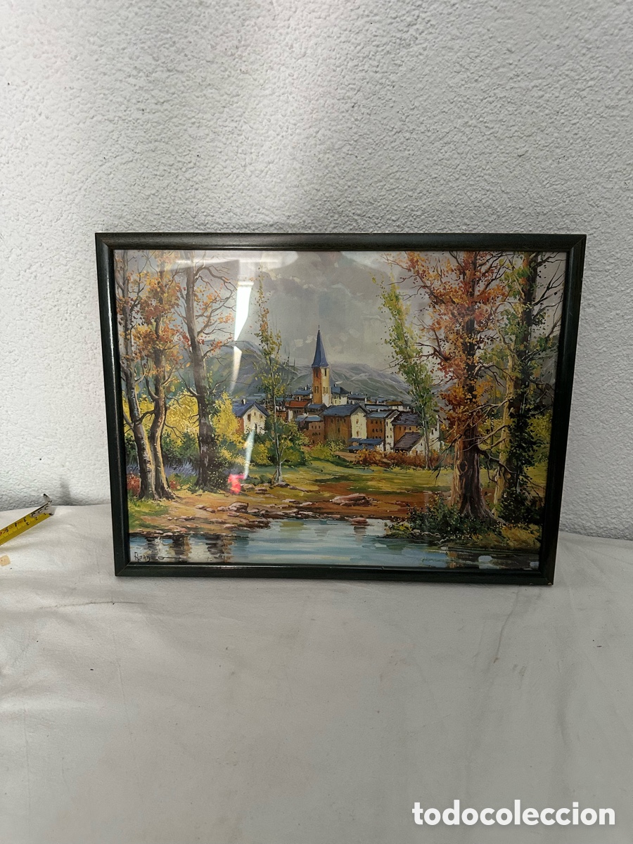 Arte: Acuarela original paisaje con &aacute;rboles firmada enmarcada composici&oacute;n minimalista contempor&aacute;nea