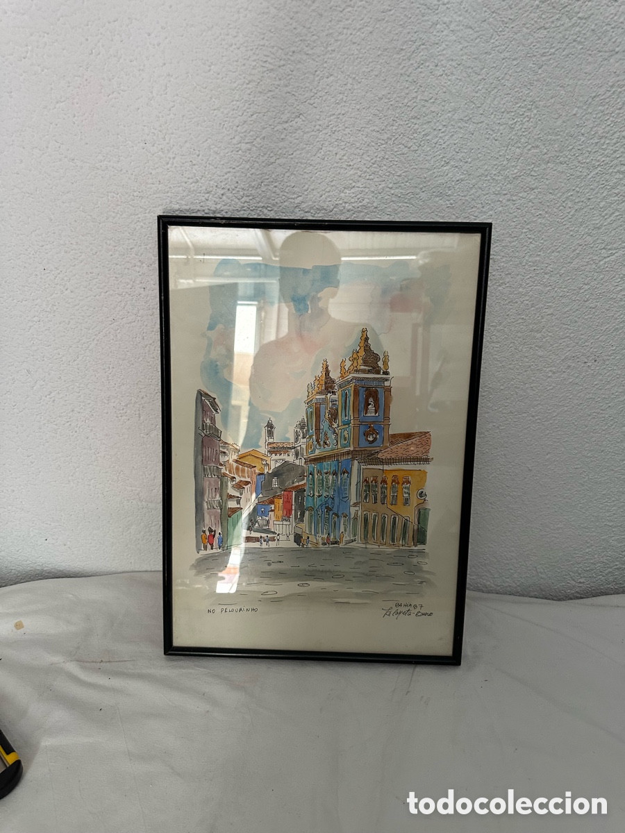 Arte: Acuarela original firmada Bahia 87 Pelourinho Brasil escena urbana arquitectura colonial enmarcada