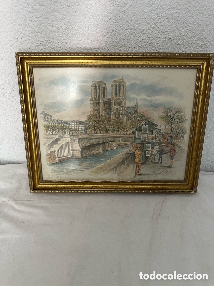 Arte: Acuarela original firmada Notre Dame Par&iacute;s escena urbana con puente y pintores enmarcada
