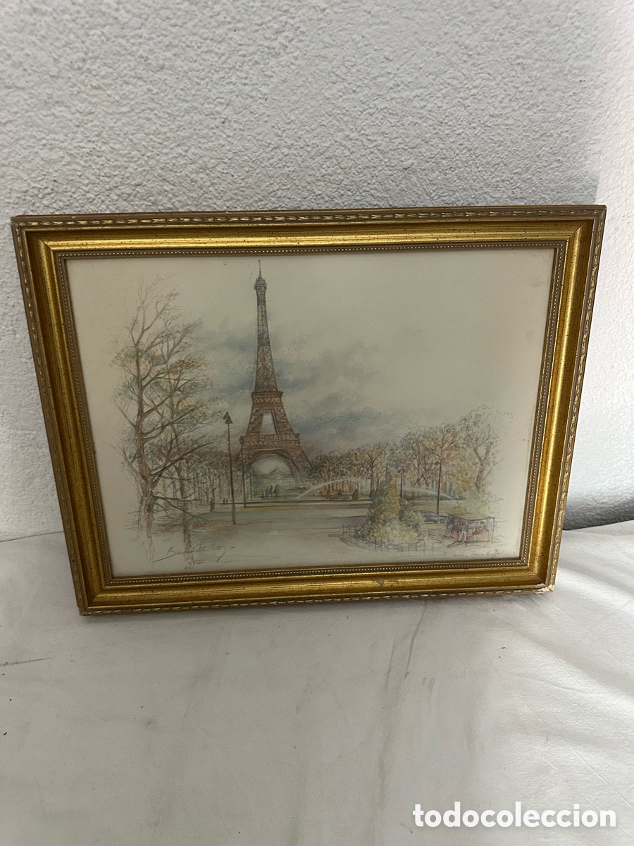 Arte: Acuarela original firmada Torre Eiffel Par&iacute;s escena urbana enmarcada bajo cristal