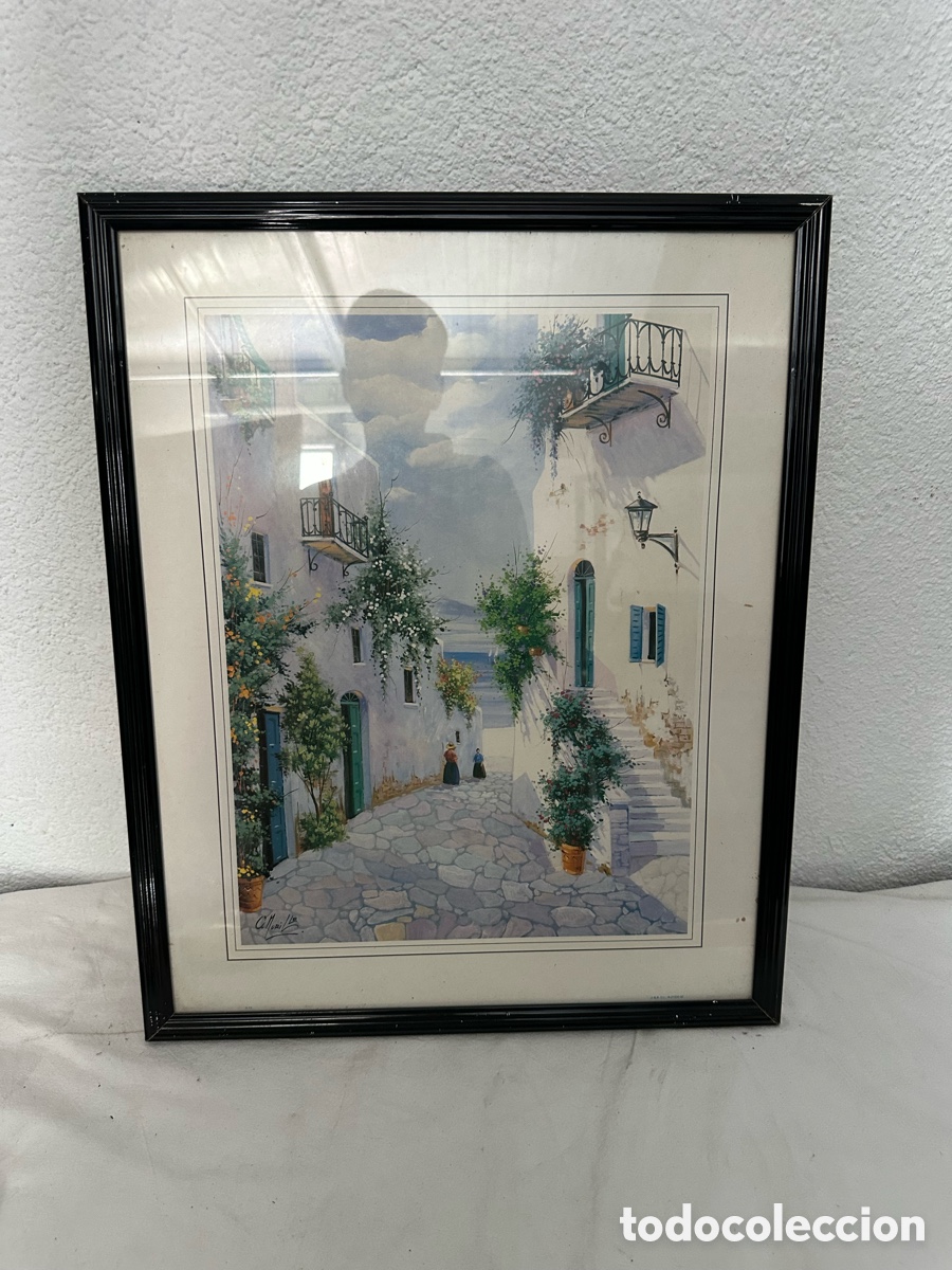 Arte: Acuarela firmada calle mediterr&aacute;nea paisaje costero enmarcada bajo cristal